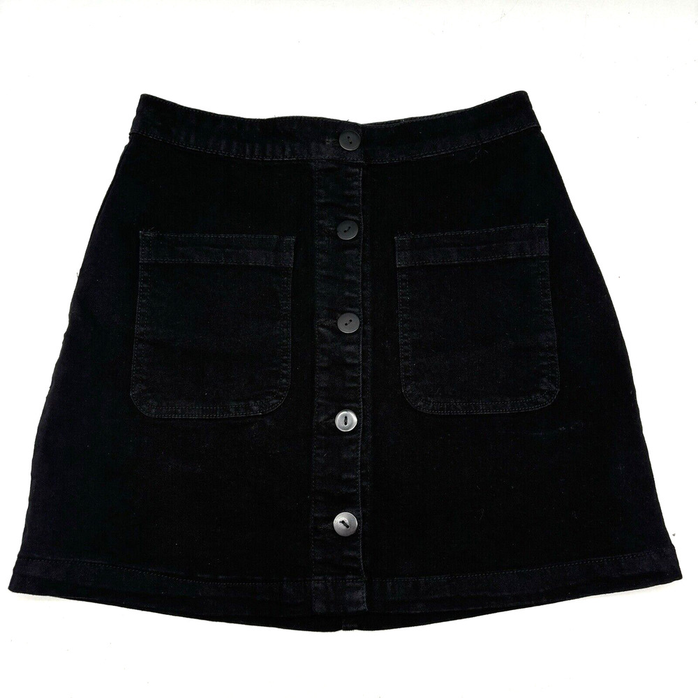 Wild Honey Black Denim Button Down Pouch Pocket A-line Mini Skirt Size S 26x15"